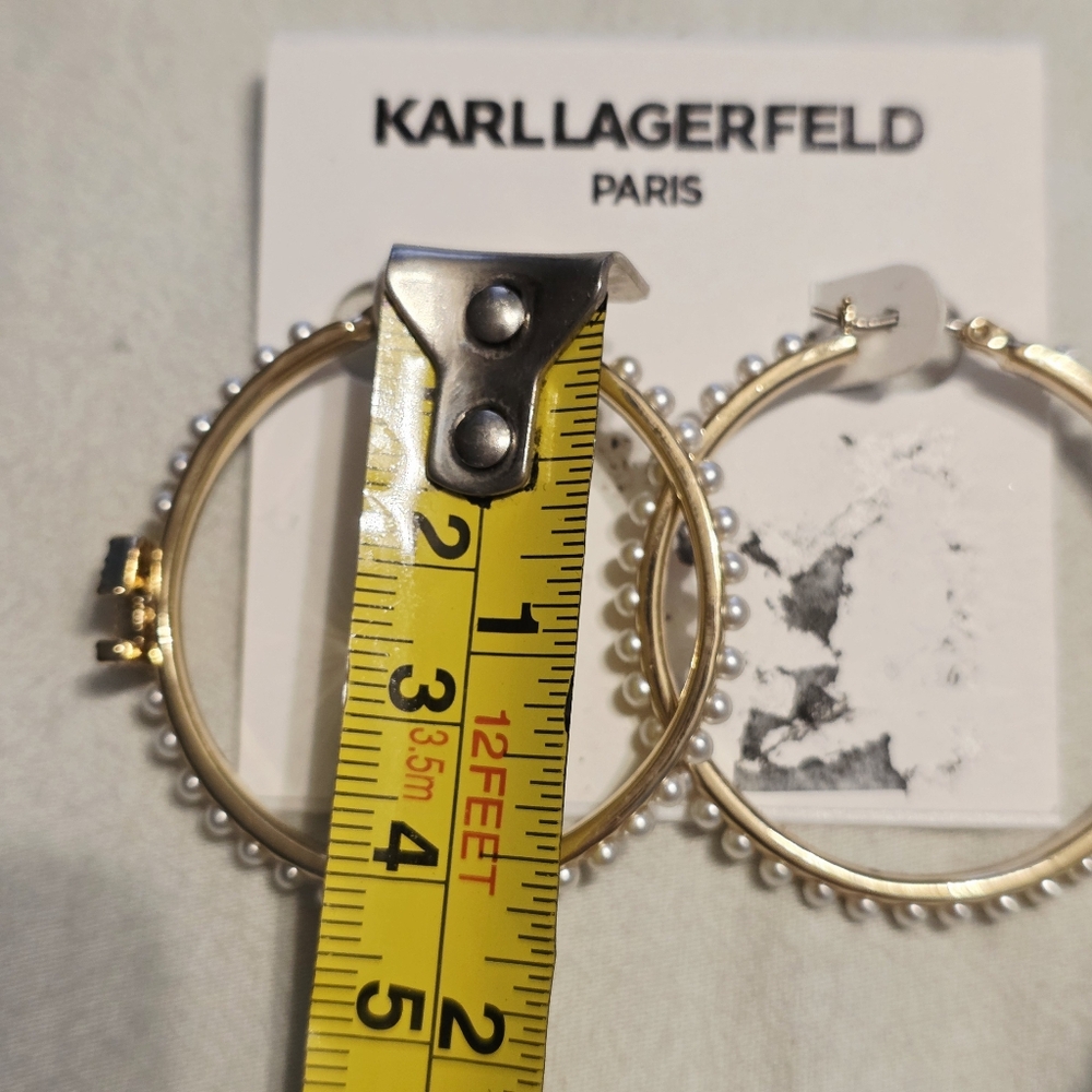 Karl Lagerfield Paris Faux Pearl Hoop Gold Earrings With Karl Crystal Logo - Picture 9 of 9